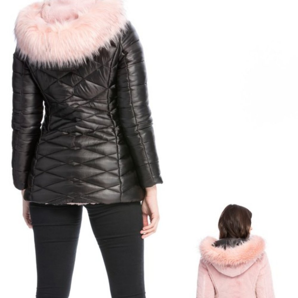 (S. Small) Coalition LA Black Reversible Hoodie Faux Fur Coat - Picture 3 of 4